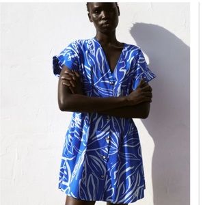 ZARA BLUE/ WHITE PRINTED PLEATED DRESS S